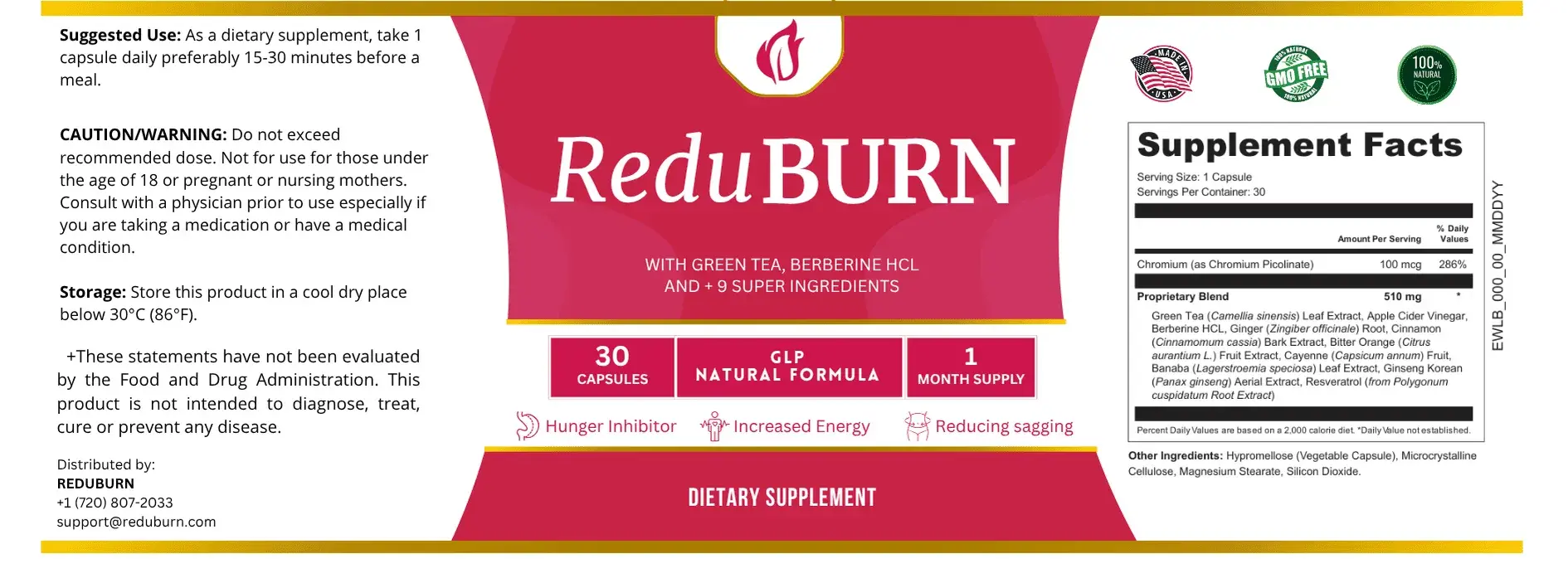 ReduBurn label and supplement facts